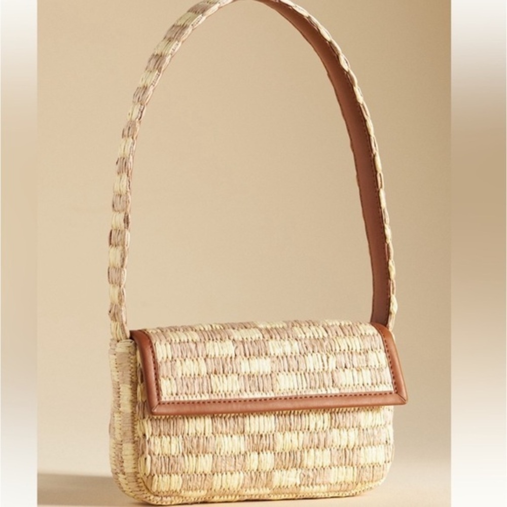 Anthropologie Woven Straw Shoulder Bag with Brown Trim
